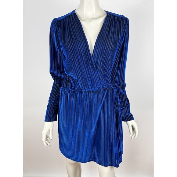 Lulus Live It Up Royal Blue Striped‎ Velvet Long Sleeve Dress Women L NWT V-neck - Picture 2 of 14